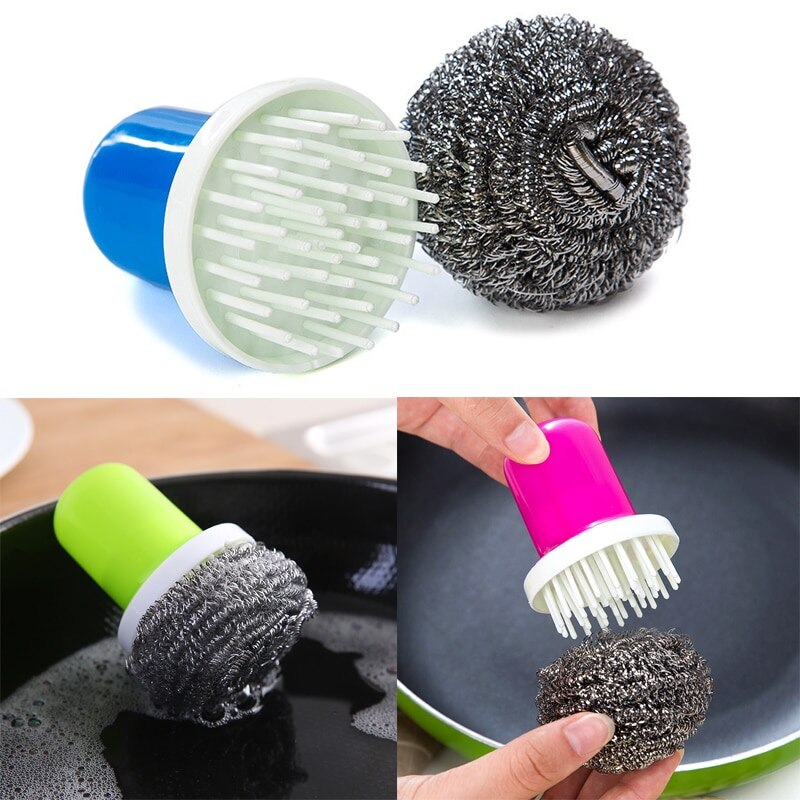 Kitchen Stainless Steel Wire With Handle Clean Brush For Dish Bowl Pan Clean Metal Scrubber Household Cleaning Tools