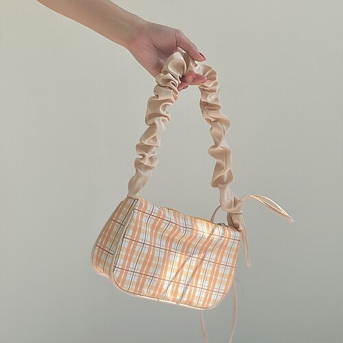 Simple Female Nylon Square Underarm Bags Women Pleated Strap Shoulder Bag Ladies Small Portable Plaid Handbags: Orange