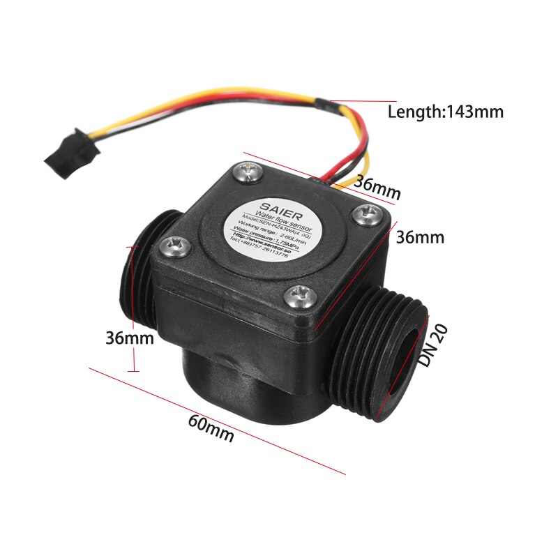 2-60l/ min vannstrømmåler sensor  dn20 g3/4 ''  dc 5v elektrisk varmeapparat strømningsmåler vannmengdemåler hall strømningsføler vannregulering