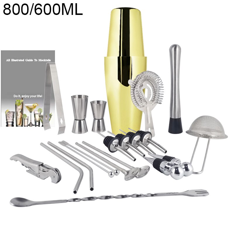 1-22Pcs Boston Cocktail Shaker Bar Gereedschap Wijn Mixer Set Barman Cocktail Shaker Tool Kit Schenker Jigger Warhoofd met Houder: 22 G800600ml No Rack