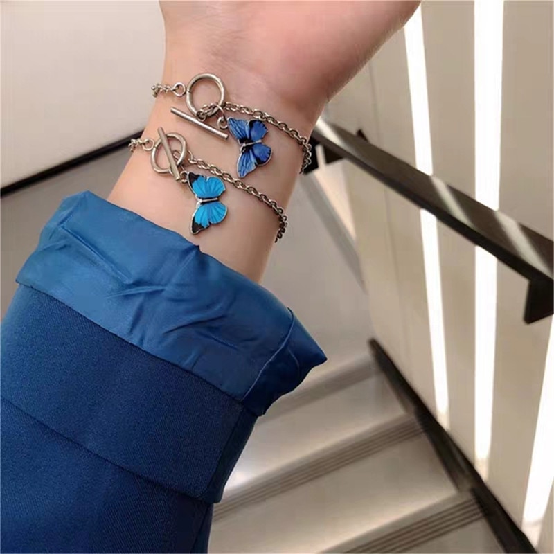 Blue Butterfly Bracelets Personality Aesthetic Butterfly OT Buckle Titanium Steel Chain For Women Girl Bff Lovers Jewelry