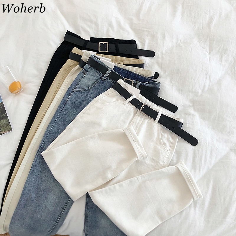 Woherb vintage dam boyfriend jeans för kvinnor mamma jeans med hög midja casual penna byxor koreanska streetwear bälte jeansbyxor