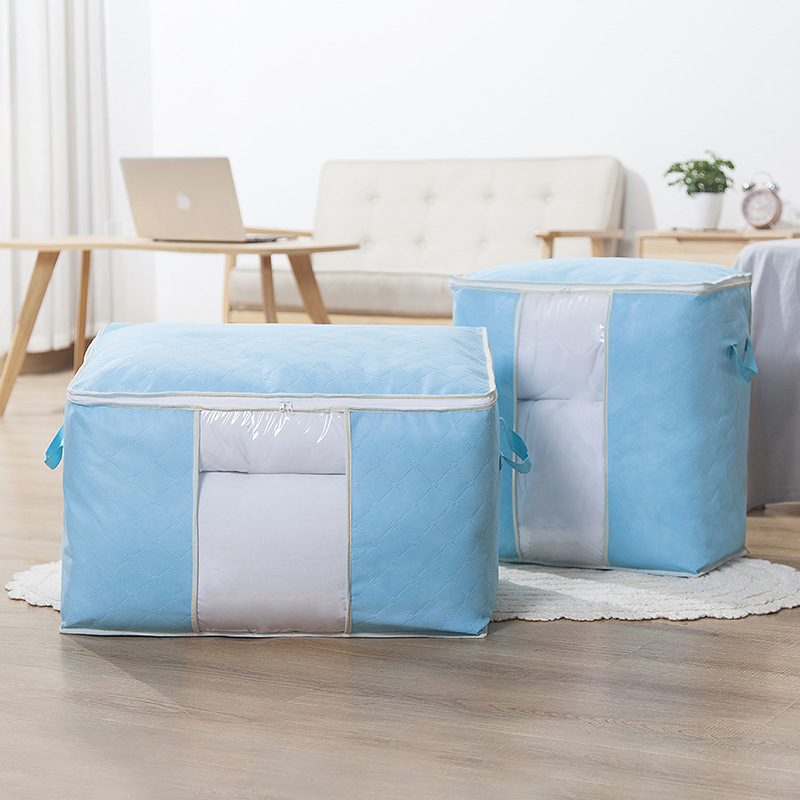 Foldable Storage Bag Home Non-woven Fabric Zipper Blanket Quilt Storage Organizer Bedroom Clear Closet Organization for Clothes: Blue / 60x42x36cm
