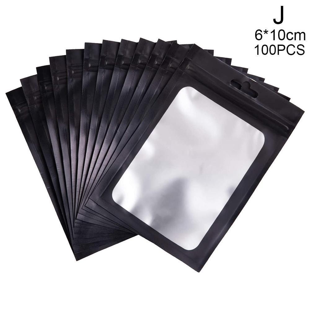 100 stk/pakning matt glidelås plastpose aluminiumsfolie gjenlukkbar liten glidelås vannhologram 6*10cm posesikre poser matte  w3 k 7: Svart 6 x 10cm