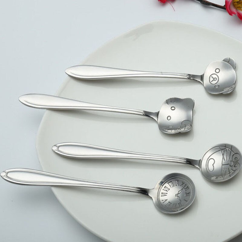 ZORASUN 12CM de largo mango bonito gatito de dibujo animado oso cuchara de café acero inoxidable para postre cucharas estilo moderno Paquete de 4 piezas