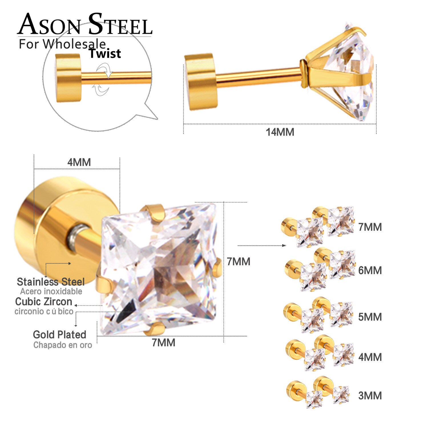 ASONSTEEL 5Pairs Square Cubic Zircnia Earring Sets Mixed Size 3mm to 7mm Stainless Steel Earrings for Women Anti-allergy Jewelry