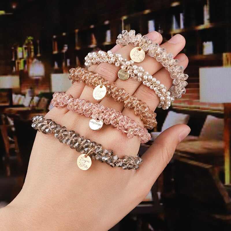 Anneaux de cheveux en perles de cristal pour femmes, attaches de perles, supports de queue de cheval, accessoires pour cheveux, bande élastique pour cheveux, chouchous pour filles, bracelet