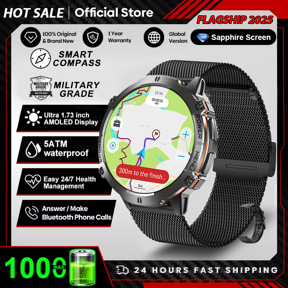 2025 novos homens gps esportes relógio inteligente 1.73 ''amoled bússola freqüência cardíaca 1000mah bateria bluetooth chamada 10atm à prova dwaterproof água smartwatch: green
