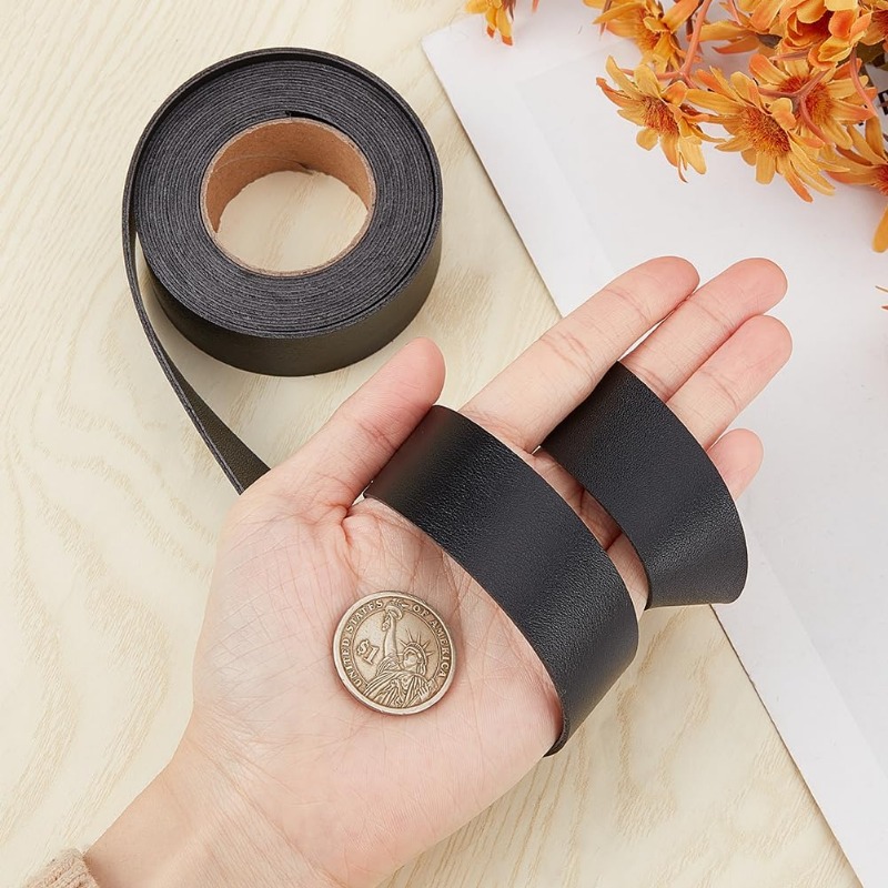 1 rollo de correa de cuero de doble cara negra de 25mm x 2m, tiras de cuero con patrón de lichi, cordón de cuero plano de imitación de 1,7mm de espesor