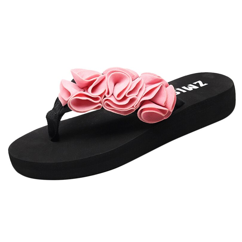 Pantoufles d'été en plein air femmes bohême fleur pince orteil tongs compensées antidérapantes chaussures de plage sepatu wanita: Rose / 37