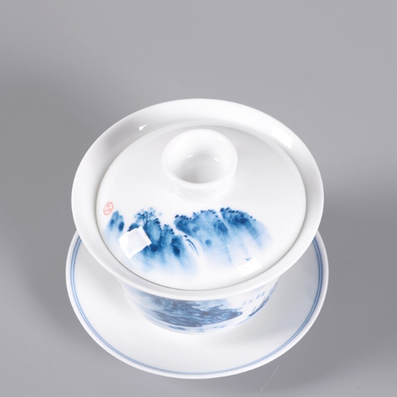 Tureen paysage en porcelaine bleu et blanc, tasse Gaiwan avec couvercle, Kit de soucoupe, bol à thé en céramique, décoration, artisanal 7oz