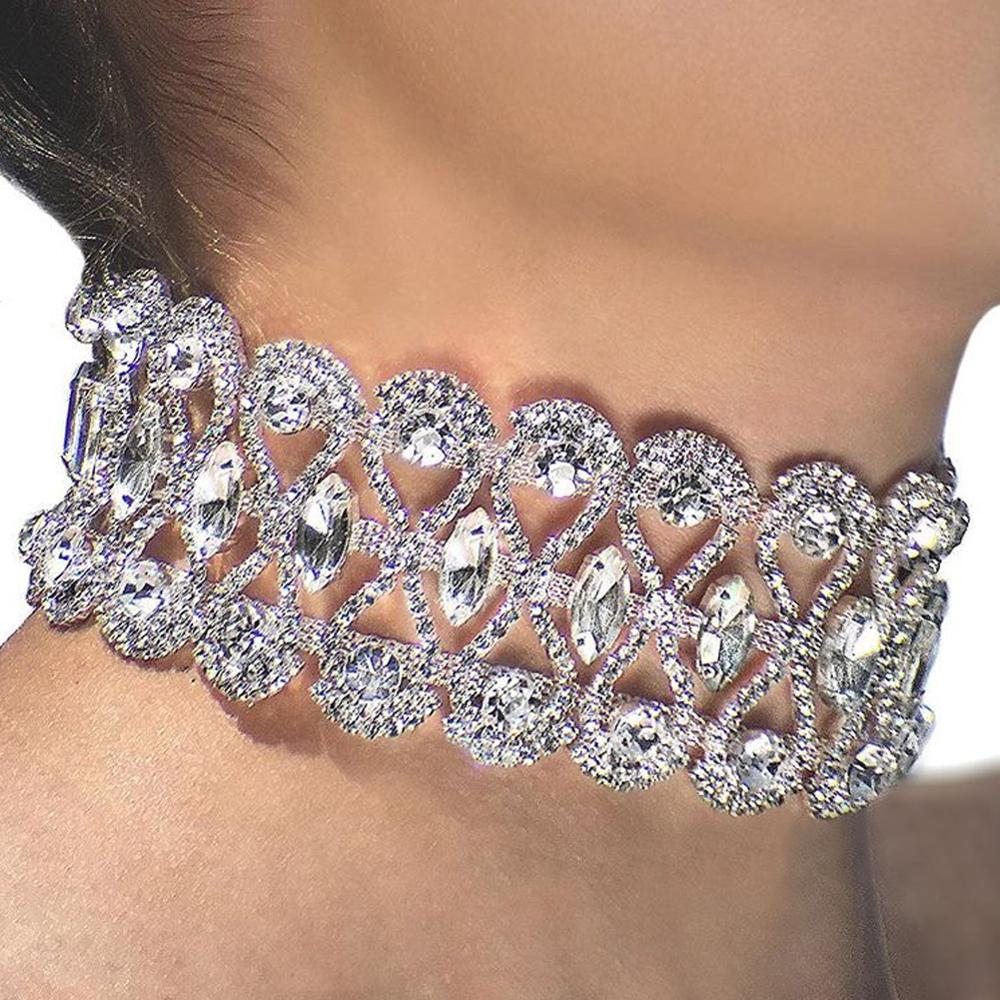 Verklaring Zilveren Kleur Grote Kristallen Stenen Ketting Choker Voor Vrouwen Ins Mode Bling Rhinestone Bib Kraag Ketting Sieraden