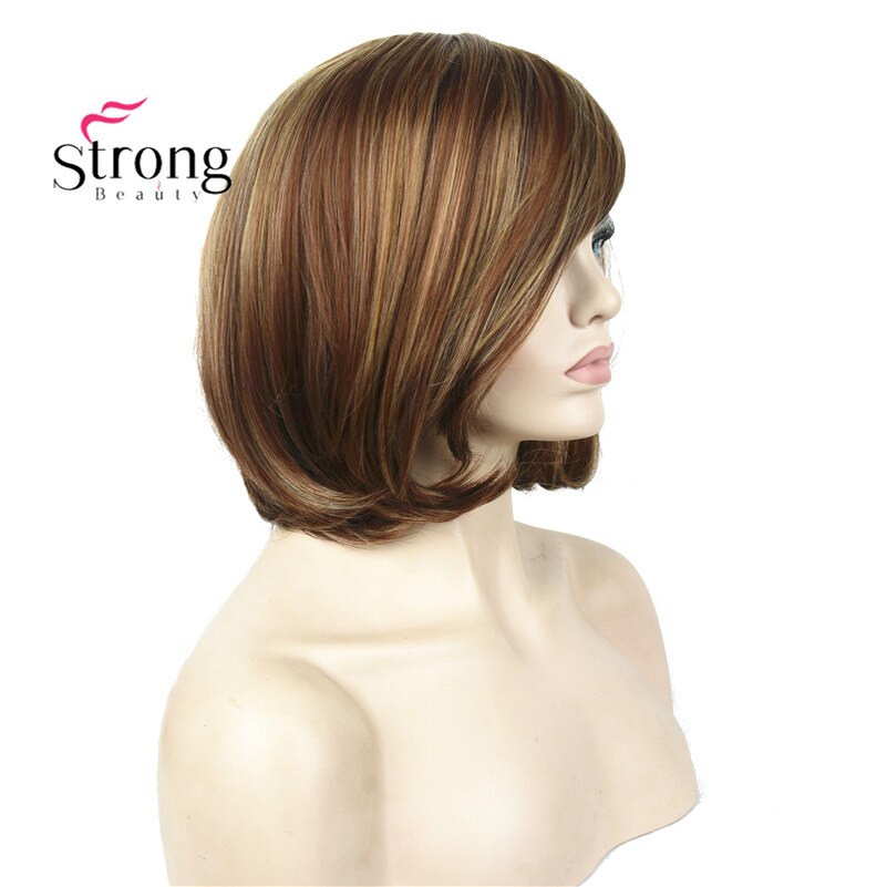 StrongBeauty Kurze Gerade Braun Hervorgehoben Bob Seite Gefegt Pony Synthetische Perücke FARBE ENTSCHEIDUNGEN