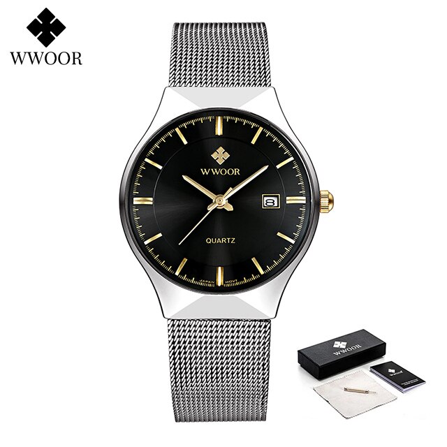 Relojes WWOOR plateados para hombre con malla de acero, superior de lujo, cuarzo ultrafino, resistente al agua, fecha, reloj de pulsera de negocios, caja Montre Homme: Rojo