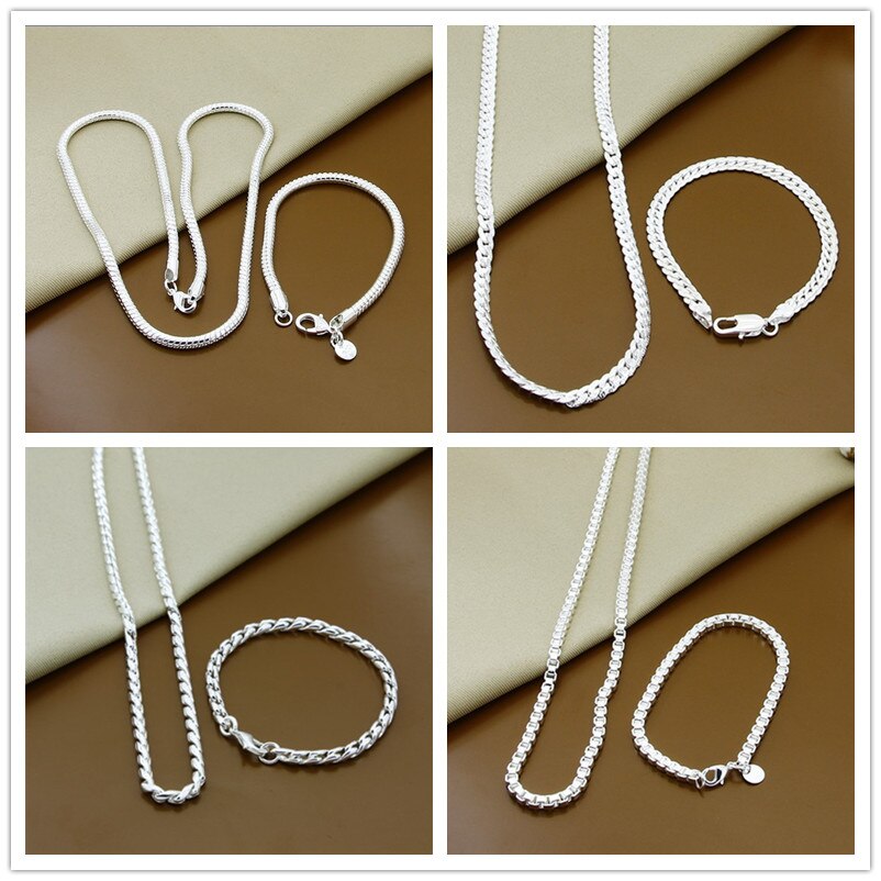 925 Sterling Silver Snake Chain Bracelet Necklace For Women Men Brand Sets Charm Jewelry