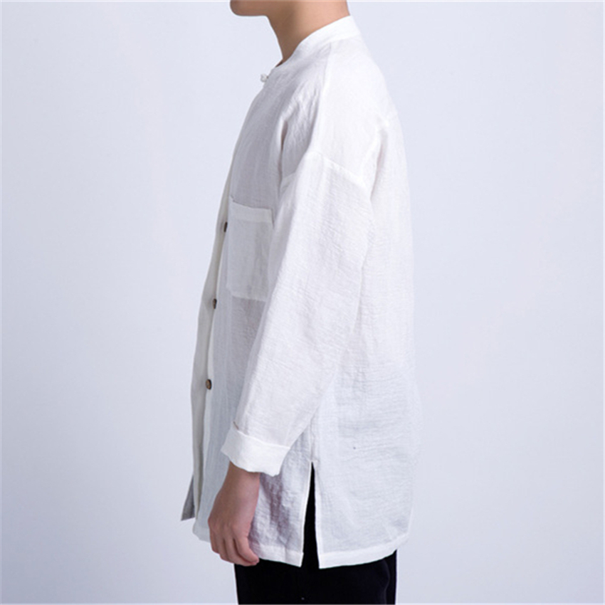 Chinese Style Kung Fu Clothes for Men Tang Suit Retro Long Sleeve White Solid Mandarin Collar China Shirt Top Hanfu