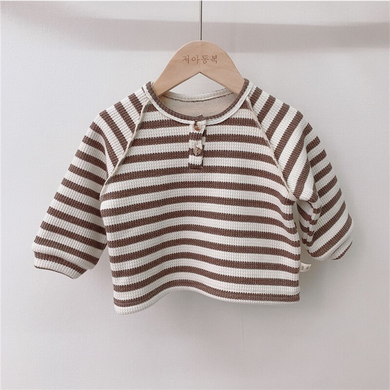 Baby Peuter Kind Sweatshirt Knop Top Baby Kleding Jongens Kleding Pasgeboren Baby Jongen Meisje Katoen Geribbelde T-shirt Lange Mouw: Coffee stripes / 6m