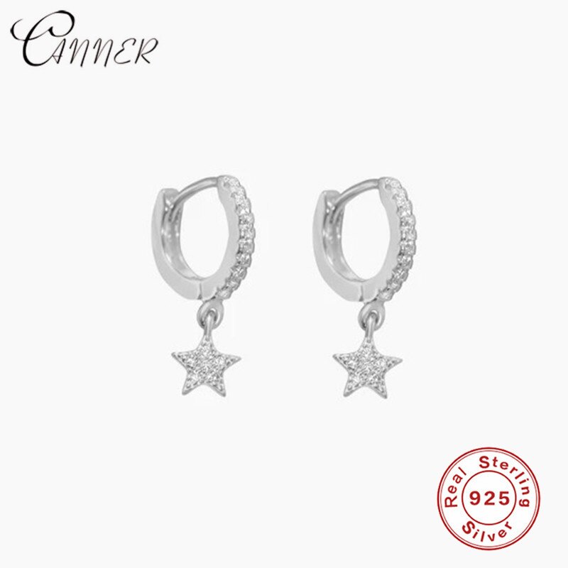 CANNER 925 Sterling Silver Dangle Earring for Women Cartilage Star Earrings Micro Paved CZ Round Circle Earrings: silver