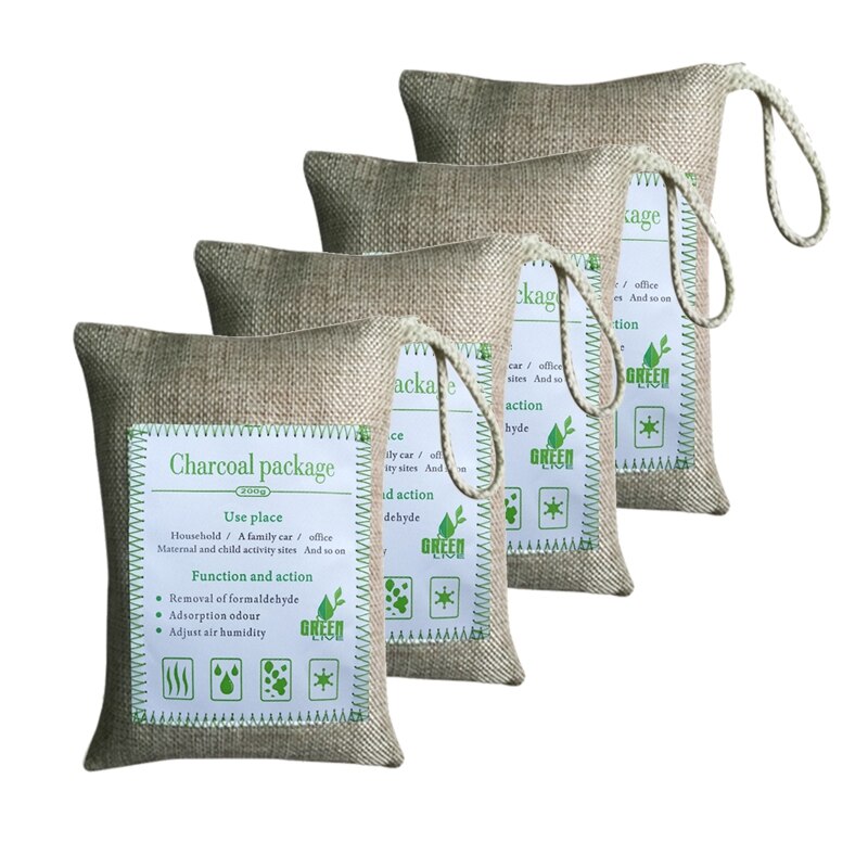 Bolsa de eliminación de olores de carbón de bambú verde transpirable (paquete de 4), absorbedor de olores de carbón activado para el hogar, mascotas, coche, armario, base: Beige