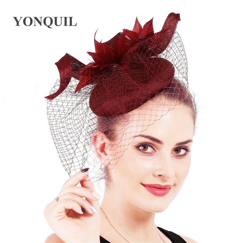 4- lags sinamay bruden bryllup fascinator lue mesh hodeplagg lin ekteskap lue kvinner garn hår tilbehør