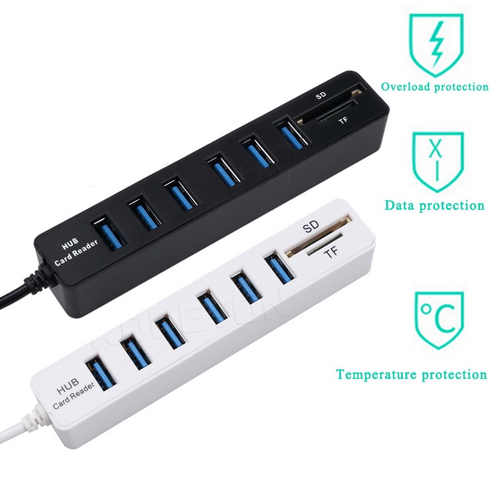 Kebidu 6/3 Ports tout en un USB Hub Combo Multi USB2.0 répartiteur Hub Micro lecteur de carte SD/TF 480mbps haute vitesse pour ordinateur