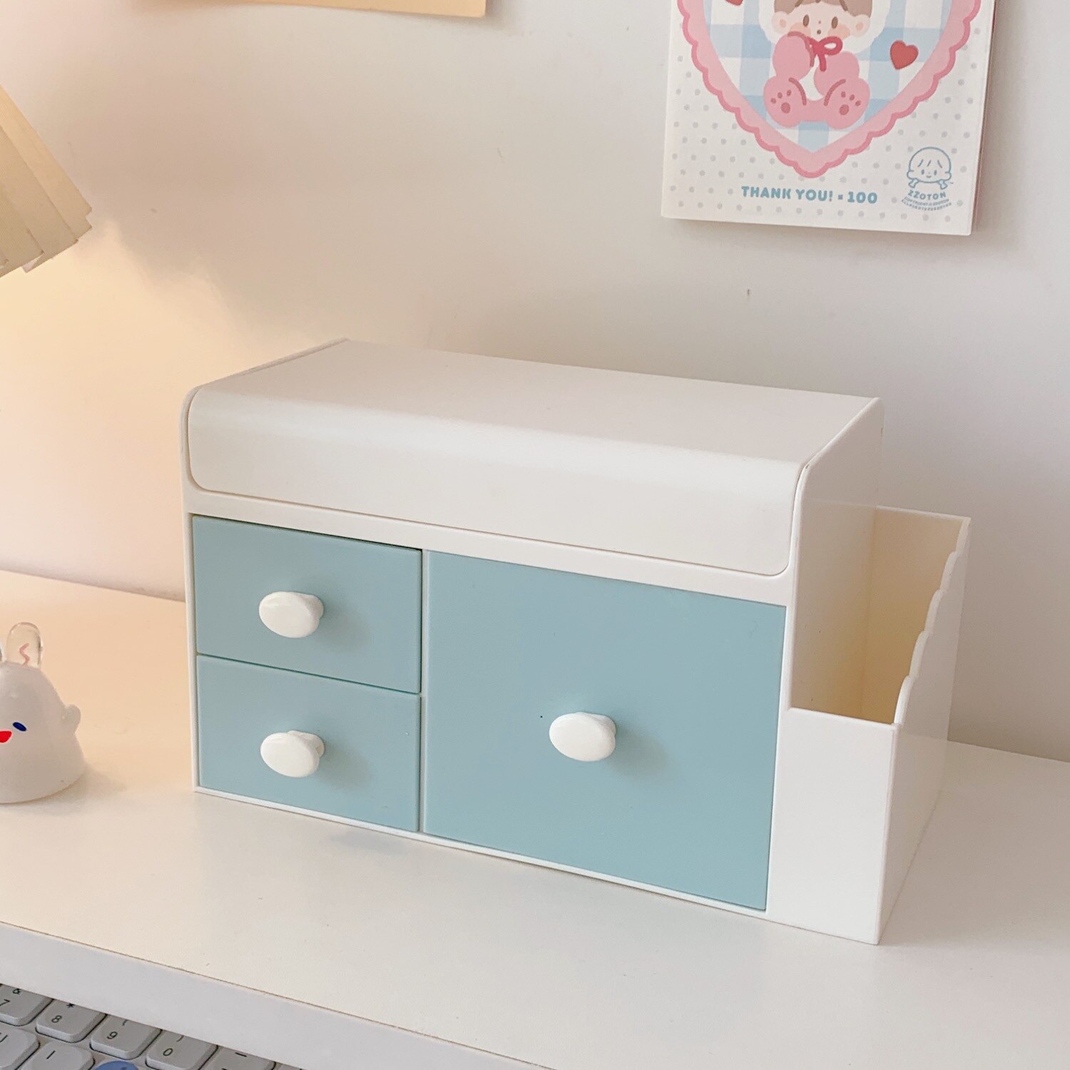 Caja de almacenamiento Kawaii para escritorio, cajón de plástico para bolígrafos, organizador de cosméticos para estudiantes, contenedor para el hogar, de pegatinas: blue
