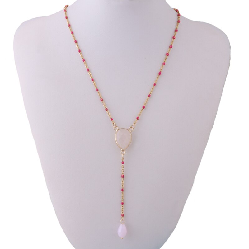 Neuduwofu roestvrijstalen ketting met natuursteen hanger, korte ketting voor dames, roze stenen sieraden: 2