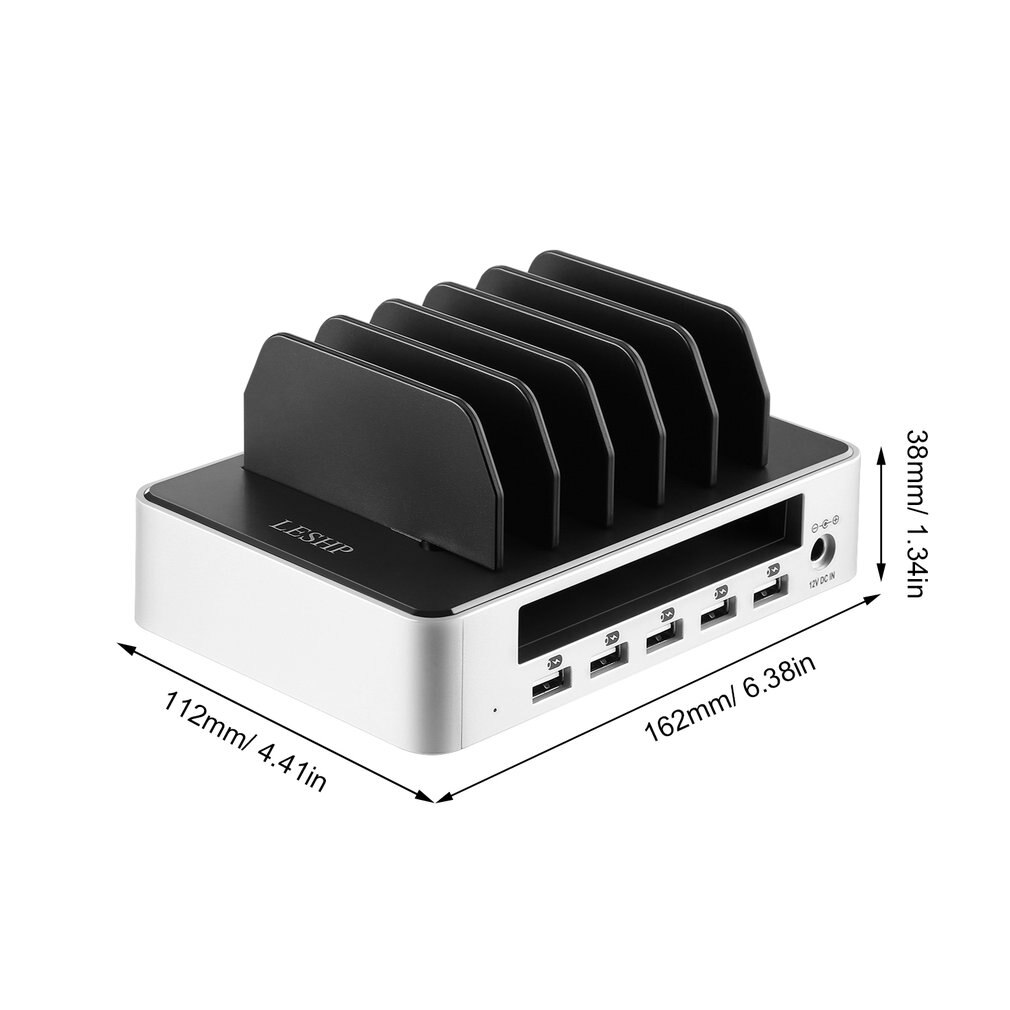 Universelle usb-ladestation mit 5 anschlüssen, abnehmbarer usb-tischladegerät mit halterung und schnellladefunktion für mobiltelefone und tablets