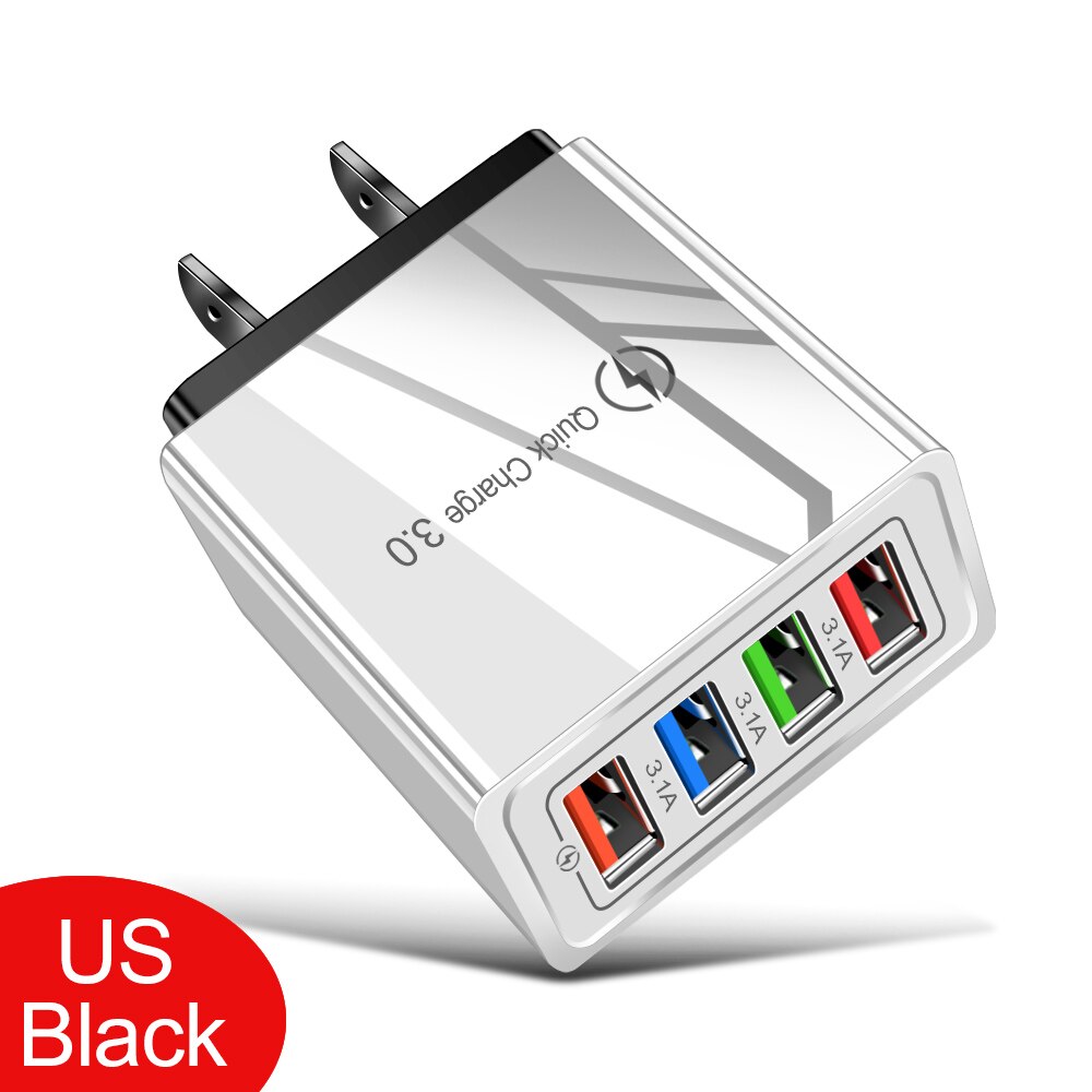 48W Quick Charger 3.0 USB Charger for Samsung A50 A30 iPhone 11 8 Xiaomi mi9 Tablet QC 3.0 Fast Wall Charger US EU Plug Adapter: Half Black US