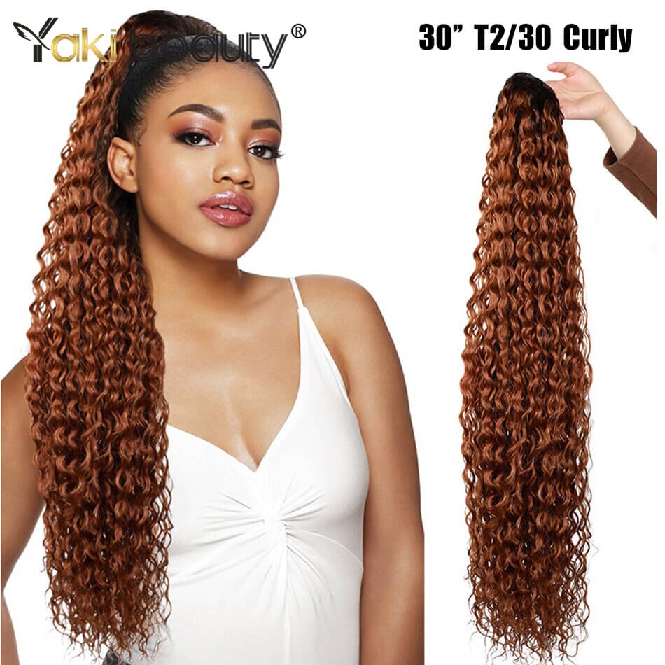 Synthetic Ponytail Water Wave Hair Extension 30Inch 140G Long Natural Black Omber Color Hairpieces For Women By YAKI BEAUTY