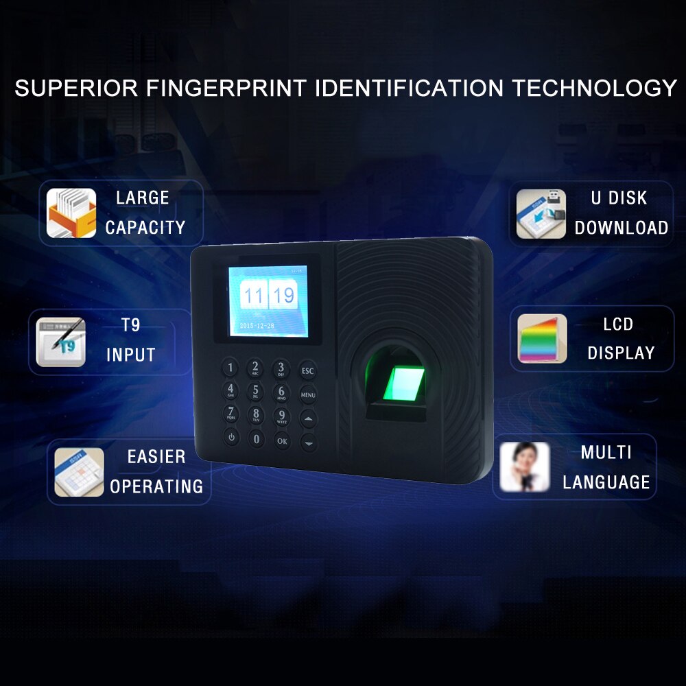 Intelligent biometrisk fingeraftryk adgangskode til stede maskine medarbejder check-in optager 2.4 tommer tft lcd-skærm  dc 5v