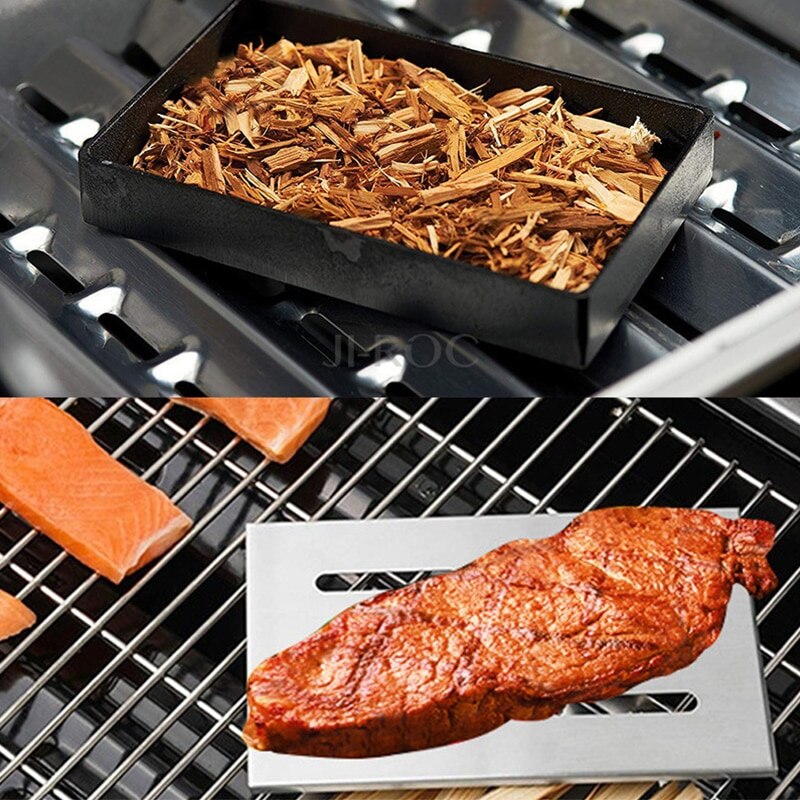 Rvs Barbecue Vlees Roker Doos Voor Bbq Grill Hout Chips Bbq Grill Accessoires Barbecue Vlees Roken Met Uitgeholde Deksel ^