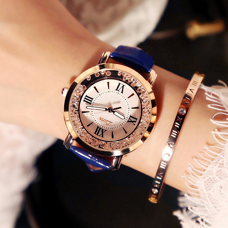 Ladies Watch PU Leather Watches Women Rhinestone Quartz Wristwatches