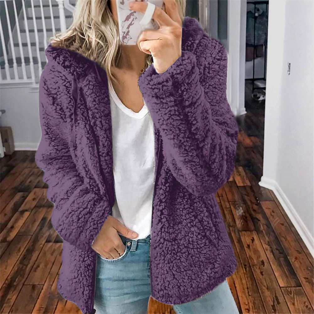 Abrigo de lana con capucha y cremallera para mujer, chaquetas de lana lisa, abrigos sueltos de manga larga de Cachemira, chaqueta de para mujer, invierno,: XL / Morado