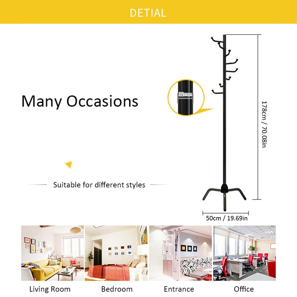 Coat Rack Clothes Tree Clothes Hat Tree Rack Free Standing Simple Hat and Coat Stand with 8 L-Shaped Hooks Tripod Base