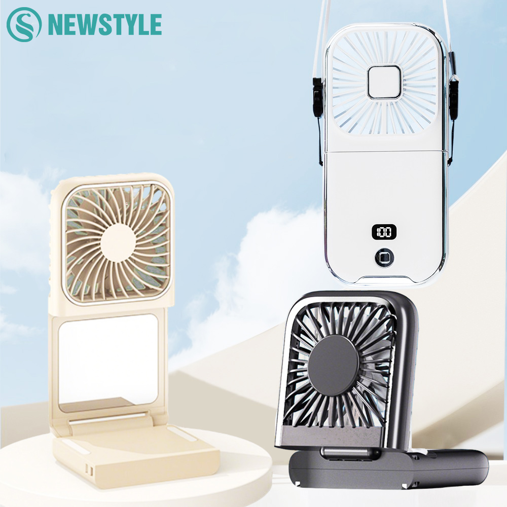 Mini ventilador portátil de mano, batería de 3000mAh, banco de energía de movilidad pequeño 180 ° Ventilador de cuello plegable USB Actualización de espejo cosmético opcional