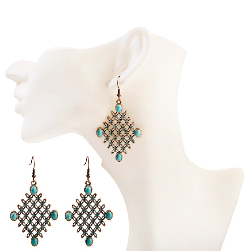 Vintage Retro Rhombus Grid Hollow Geometry Earrings Womens Boho Bohemian Earrings Tibetan Jewelry