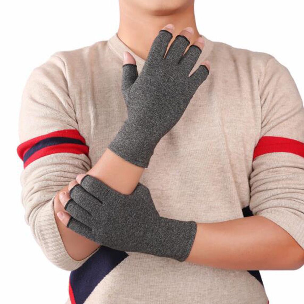1 par kompressionshandskar i bomull, halvfinger, grå, damer och män, elastiska handskar för ledtryckslindring, hälsovård, armband