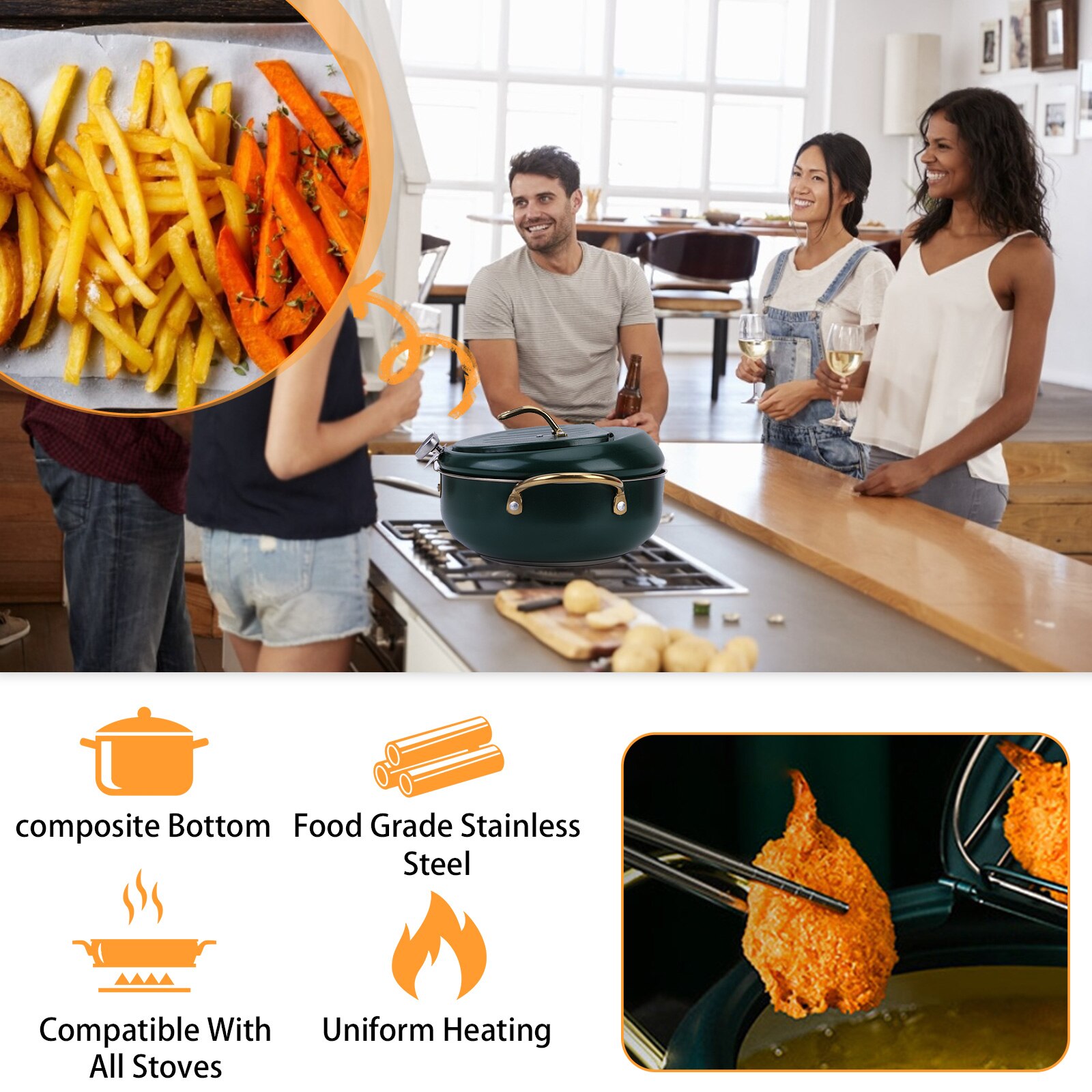 Freidora de estilo japonés de acero inoxidable 304, olla con termómetro de tapa para el hogar, patatas fritas, pescado, suministro de cocina, 20cm, 24cm