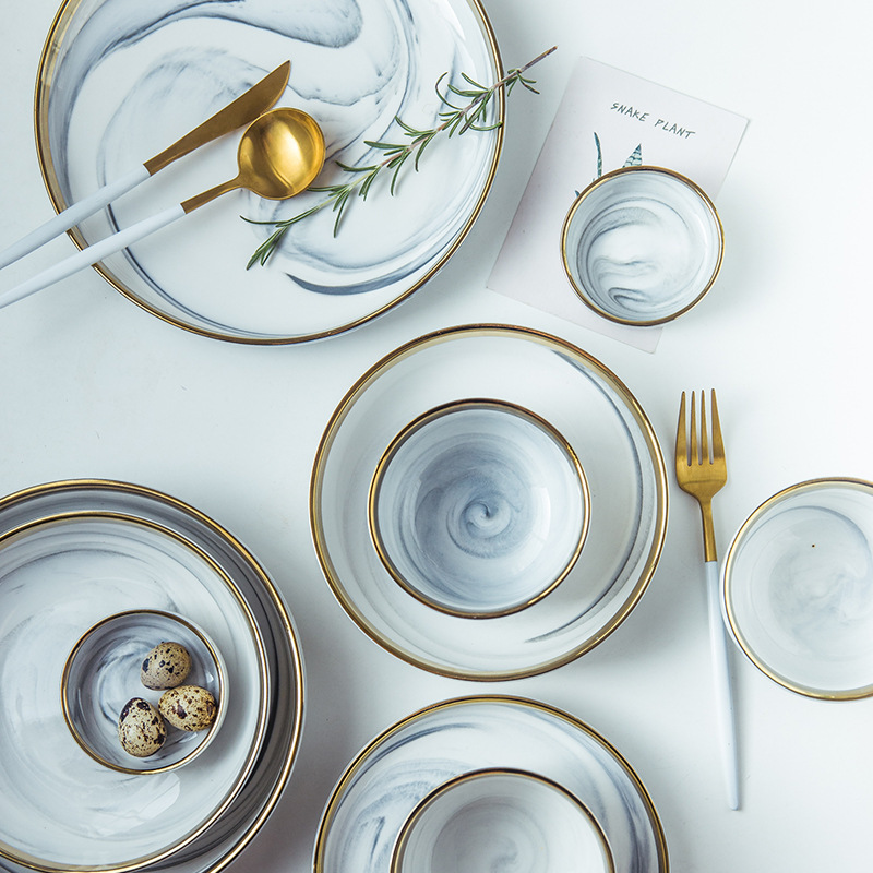 Europæisk marmorstrimmel keramik bordservice guldkant keramisk plade husholdnings salat bøf fad bakke suppeskål porcelæn sauce fad