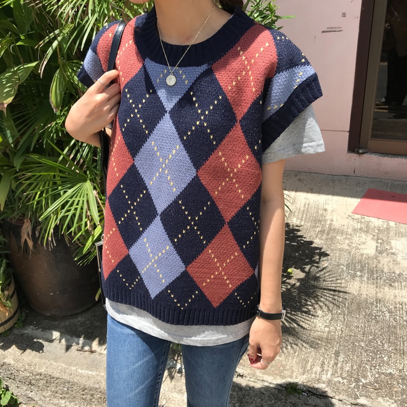 Herfst En Winter Koreaanse Stijl Gebreide Vintage Plaid Mouwloos Vest Truien Womens Truien Womens (C9052)