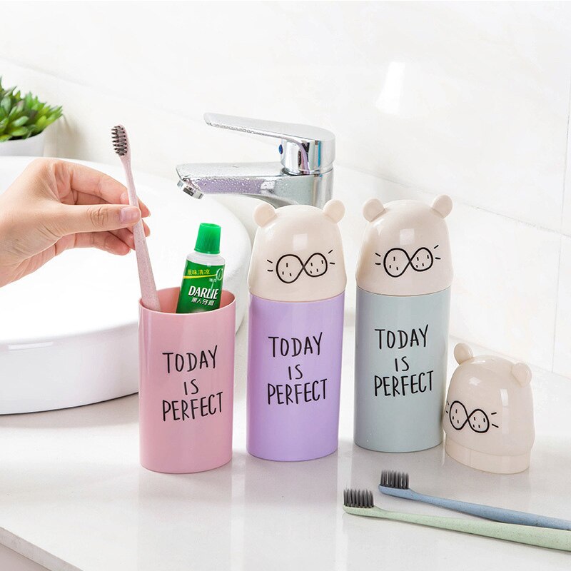 Plastic Cartoon Animal Toothbrush Cup with Cover Bathroom Mouthwash Travel Toothbrush Holder Cup Home Bathroom Accessories