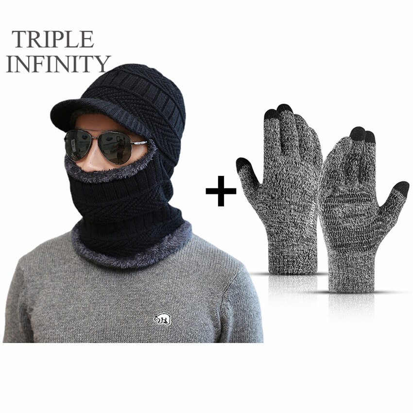 TRIPLE INFINITY Brand Skullies Beanies Winter Knitted Hat Cap Elastic Thick Skin-friendly Warm Ear Protection Bonnet Men's Hats: Winter Warm Suit B