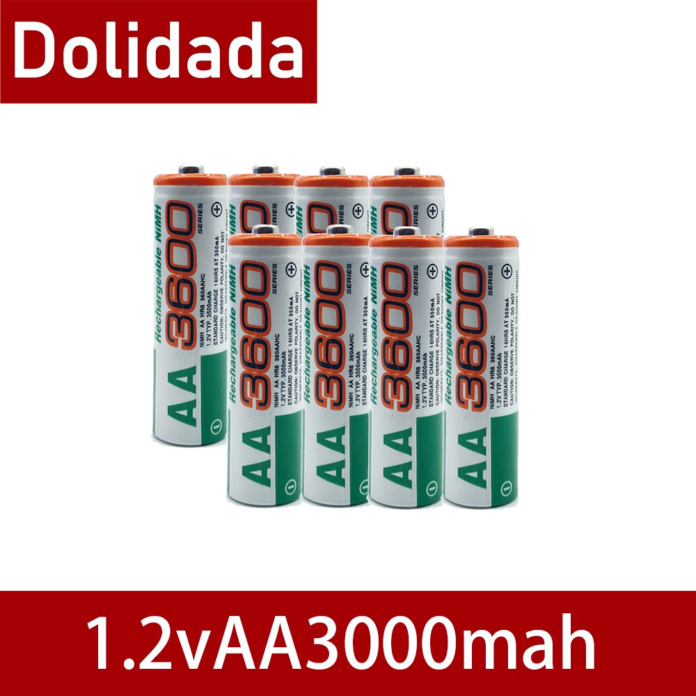 Dolidada 100% AA battery 3600 mAh rechargeable battery, 1.2 V Ni-MH AA battery, suitable for clocks, mice, computers