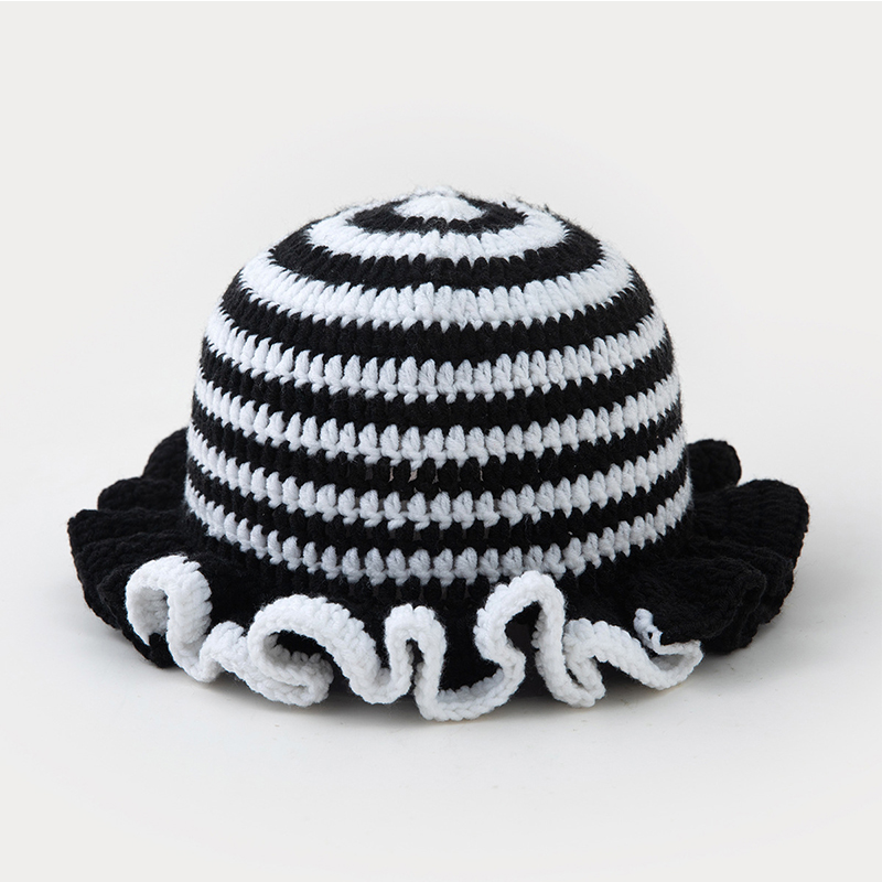 Colorful Crochet Ruffle Brim Knit Bucket Hats Winter Woman Handmade Stretch Fisherman Cap Outdoor Warm Windproof Beanie Hat: Dark Grey