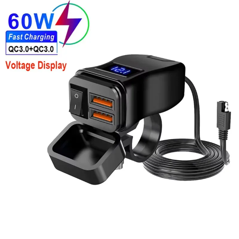 60W motorfiets USB snellader PD QC3.0 voedingsadapter stuur dubbele USB-aansluiting waterdicht met schakelaar voltmeter: ROOD