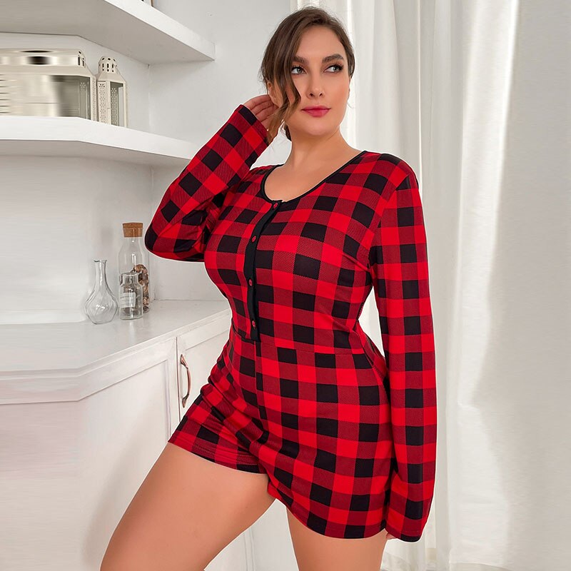 Plus Size Kerst Pyjama Een Stuk Vrouwen Sexy Onesis Lange Mouw Nachtkleding Slanke Playsuit Nachtkleding Homewear Voor Vrouwelijke Herfst