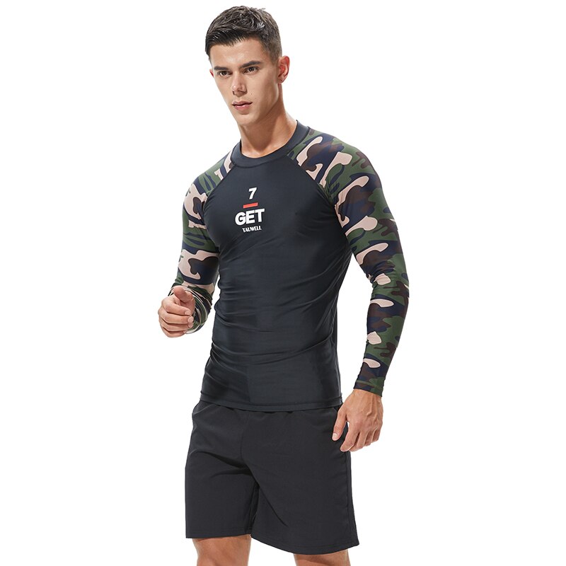Herr långärmad rash guard sportkläder skarva uv solskydd bas skinn kamouflage surfing dykning simning t-shirt