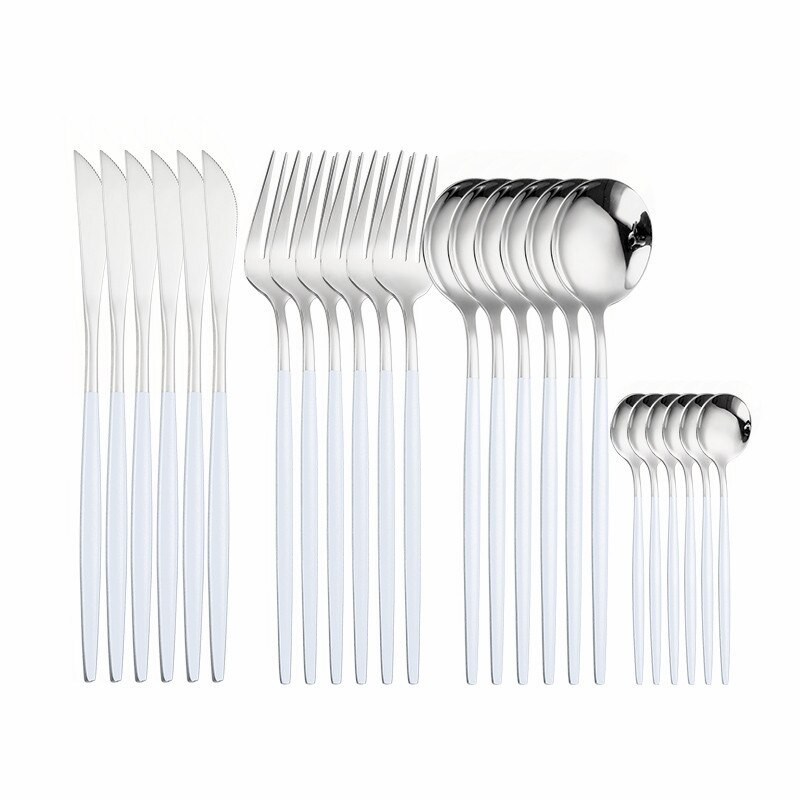 24 pçs conjunto de talheres de ouro 18/10 talheres de aço inoxidável conjunto faca garfo colher conjunto de utensílios de mesa máquina de lavar louça louça segura conjunto caixa de presente: whitesilver