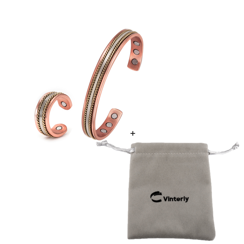 Jewelry-Set Magnetic Copper Bracelet Ring Healing Energy Jewelry Sets for Women Rose Gold Adjustable Cuff Ring Bracelets Bangles: cross with bag